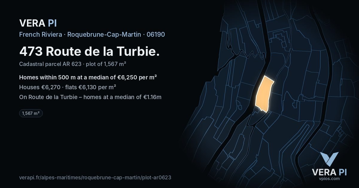 473 Route de la Turbie, Roquebrune-Cap-Martin at night – the plot lit, the parcels around coloured by the prices near them