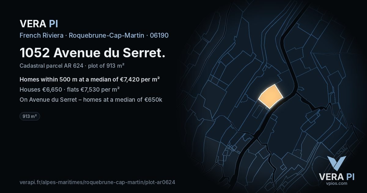 1052 Avenue du Serret, Roquebrune-Cap-Martin at night – the plot lit, the parcels around coloured by the prices near them