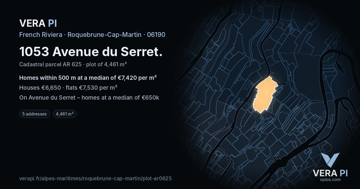 1053 Avenue du Serret, Roquebrune-Cap-Martin at night – the plot lit, the parcels around coloured by the prices near them