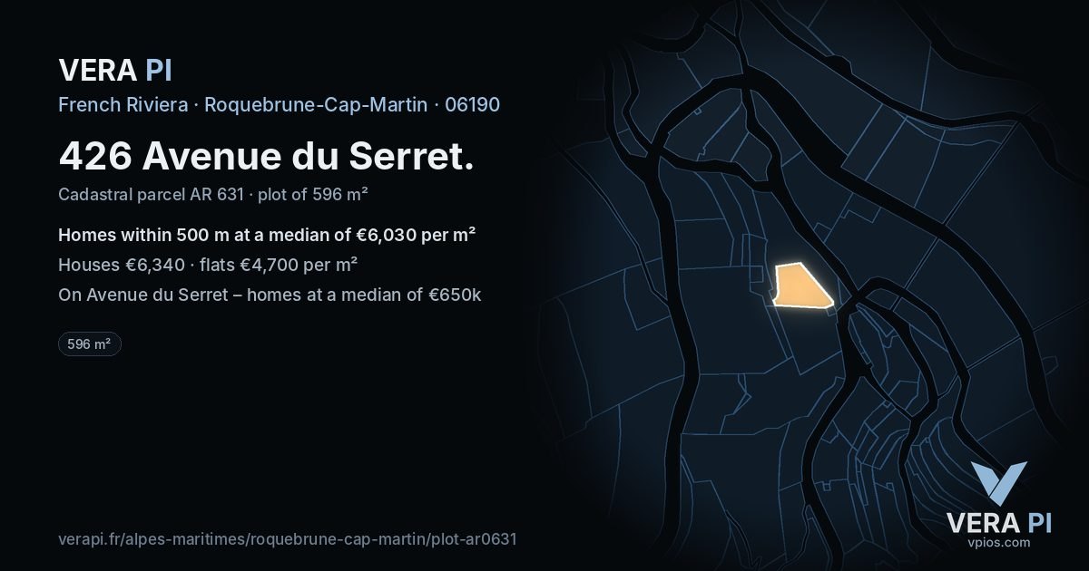 426 Avenue du Serret, Roquebrune-Cap-Martin at night – the plot lit, the parcels around coloured by the prices near them