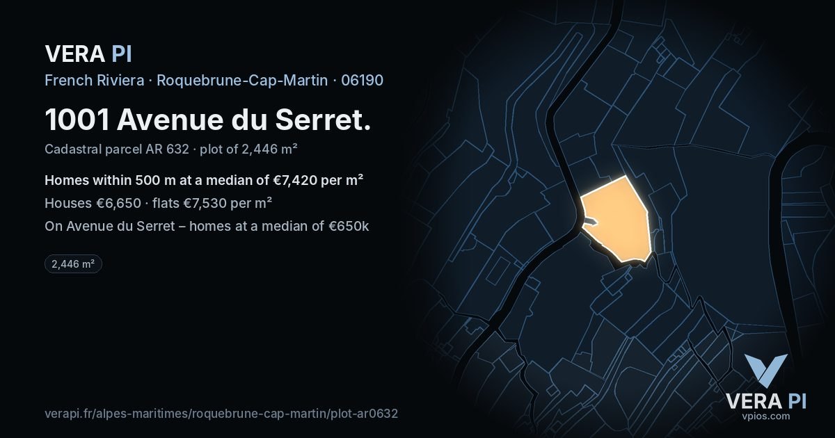 1001 Avenue du Serret, Roquebrune-Cap-Martin at night – the plot lit, the parcels around coloured by the prices near them