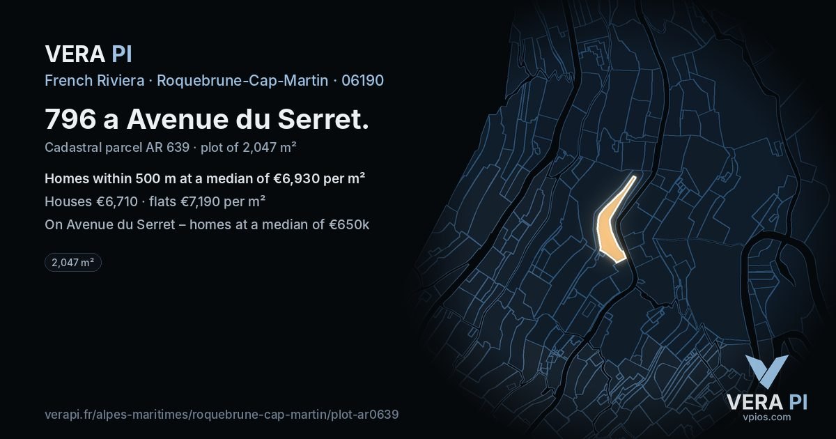 796 a Avenue du Serret, Roquebrune-Cap-Martin at night – the plot lit, the parcels around coloured by the prices near them
