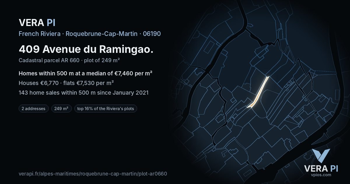 409 Avenue du Ramingao, Roquebrune-Cap-Martin at night – the plot lit, the parcels around coloured by the prices near them