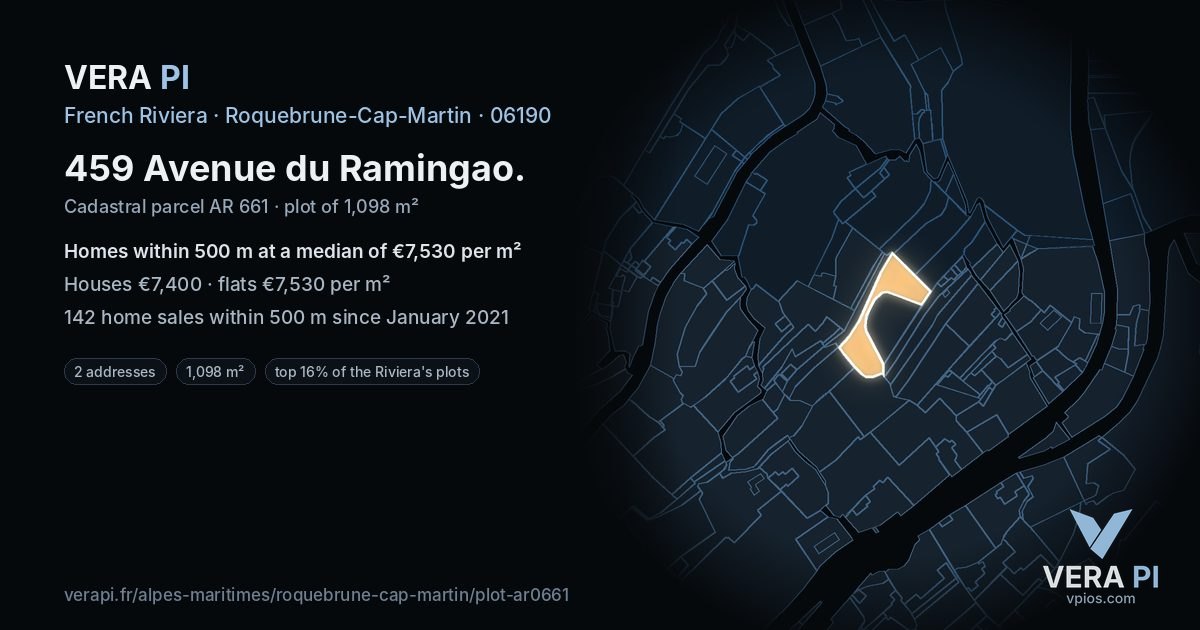459 Avenue du Ramingao, Roquebrune-Cap-Martin at night – the plot lit, the parcels around coloured by the prices near them