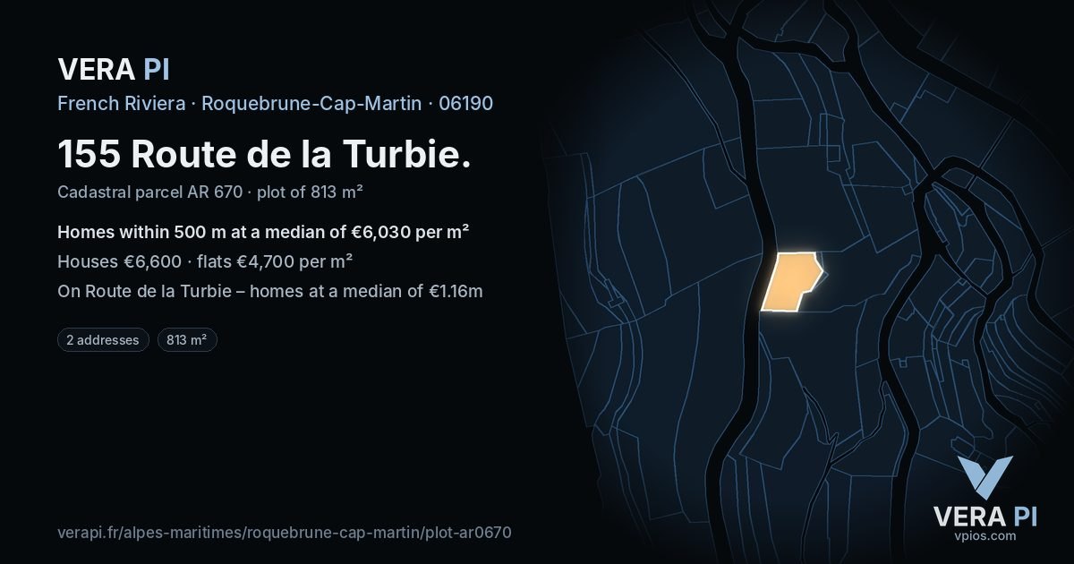 155 Route de la Turbie, Roquebrune-Cap-Martin at night – the plot lit, the parcels around coloured by the prices near them