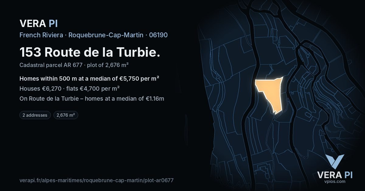 153 Route de la Turbie, Roquebrune-Cap-Martin at night – the plot lit, the parcels around coloured by the prices near them