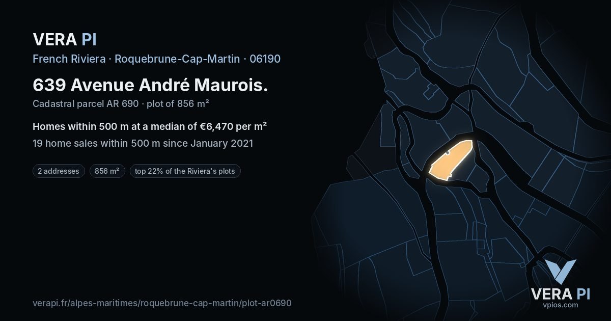 639 Avenue André Maurois, Roquebrune-Cap-Martin at night – the plot lit, the parcels around coloured by the prices near them