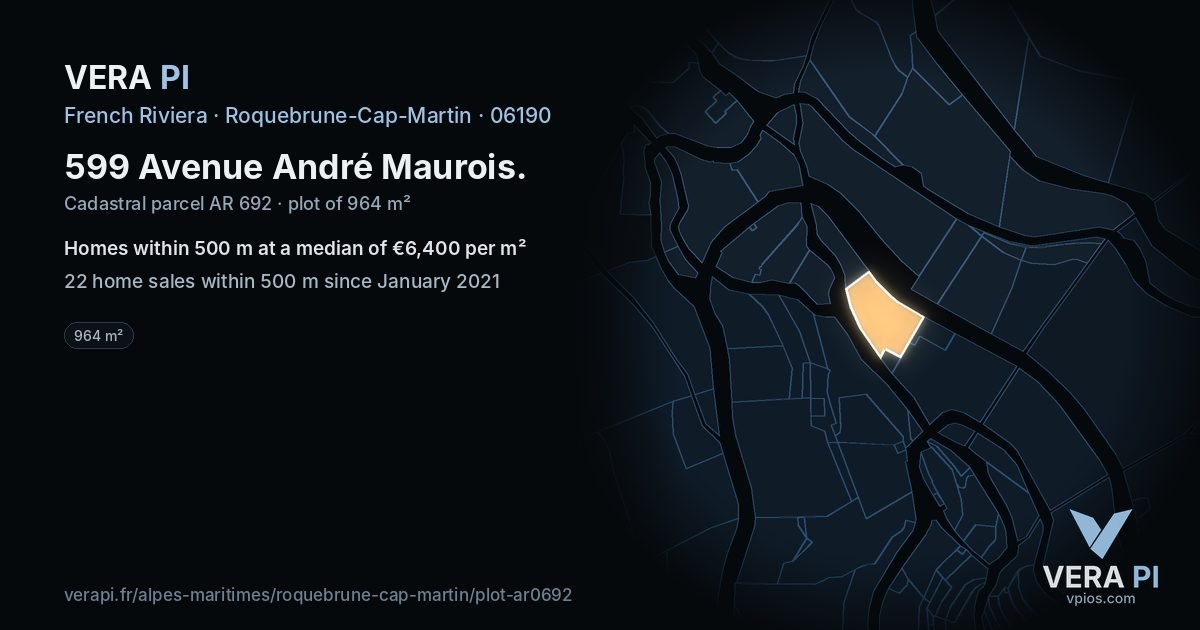 599 Avenue André Maurois, Roquebrune-Cap-Martin at night – the plot lit, the parcels around coloured by the prices near them