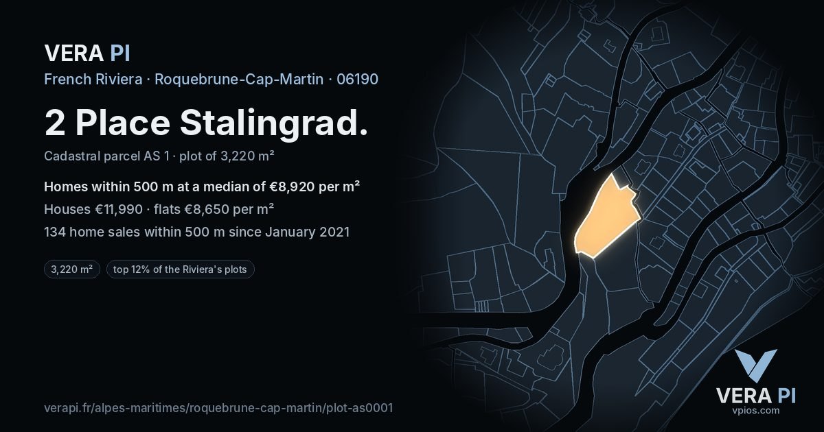 2 Place Stalingrad, Roquebrune-Cap-Martin at night – the plot lit, the parcels around coloured by the prices near them