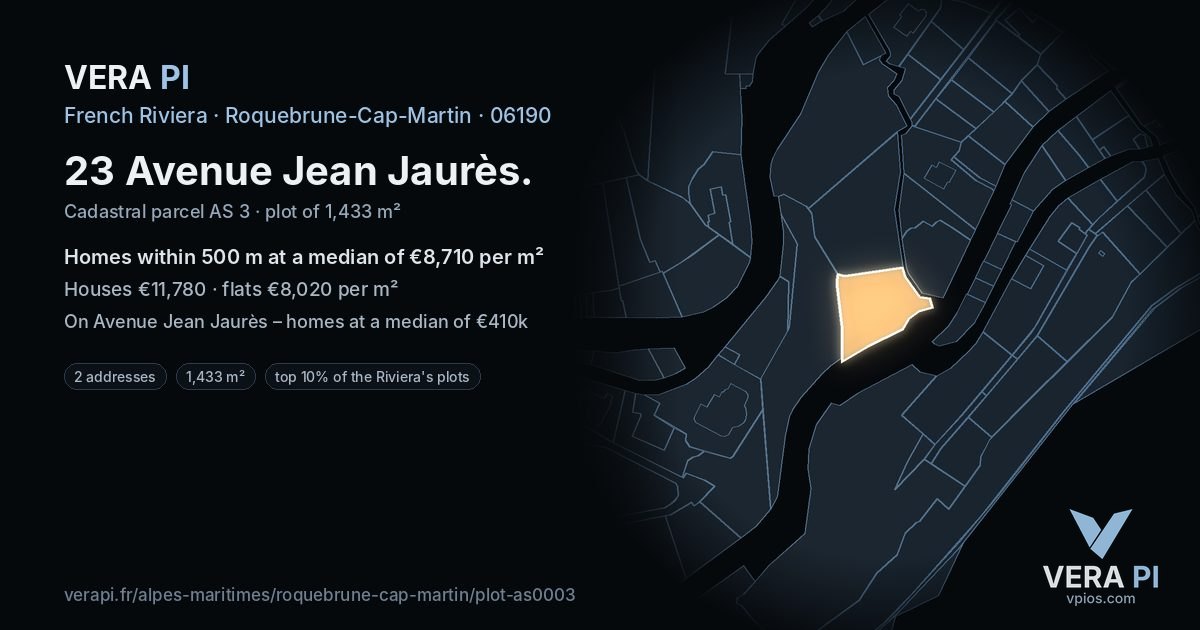 23 Avenue Jean Jaurès, Roquebrune-Cap-Martin at night – the plot lit, the parcels around coloured by the prices near them