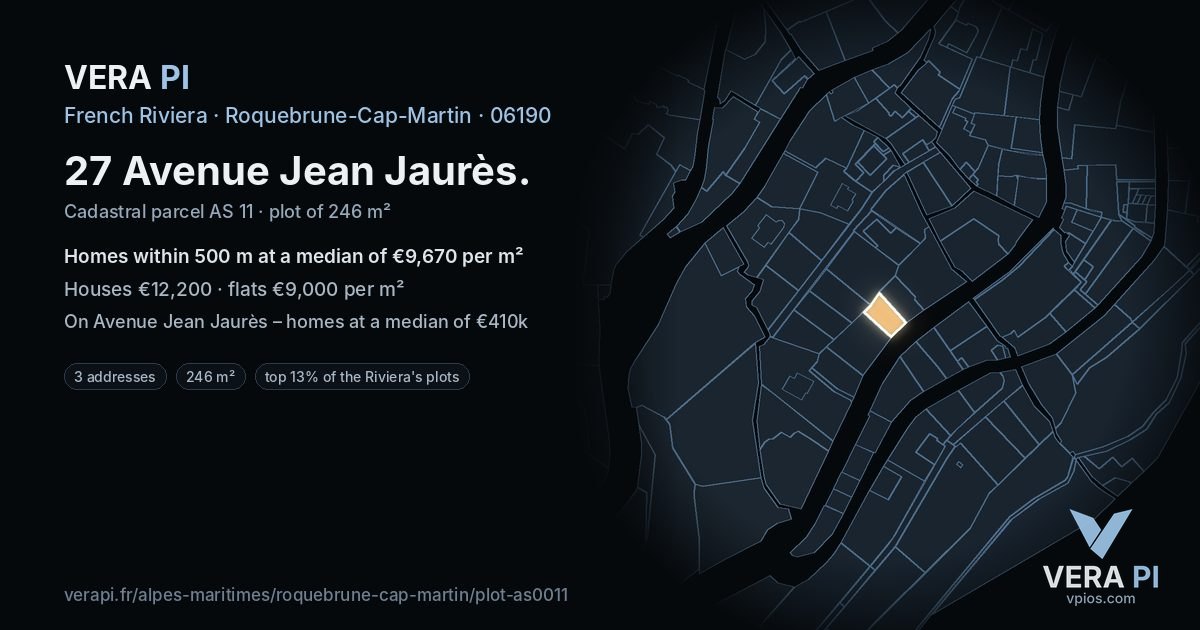 27 Avenue Jean Jaurès, Roquebrune-Cap-Martin at night – the plot lit, the parcels around coloured by the prices near them
