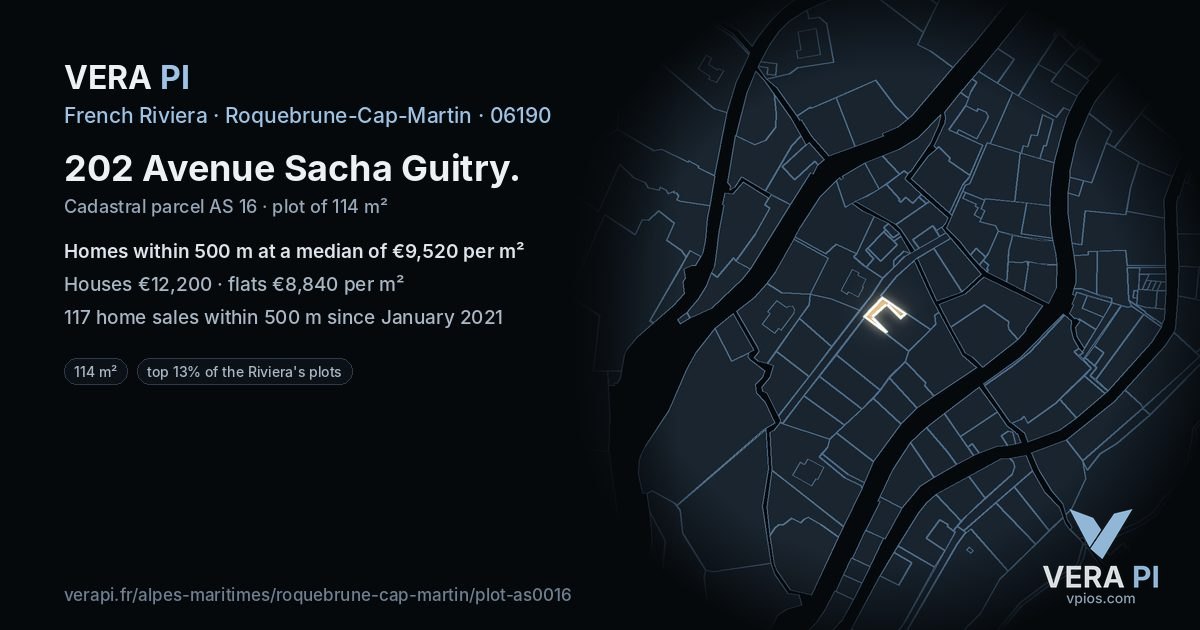 202 Avenue Sacha Guitry, Roquebrune-Cap-Martin at night – the plot lit, the parcels around coloured by the prices near them