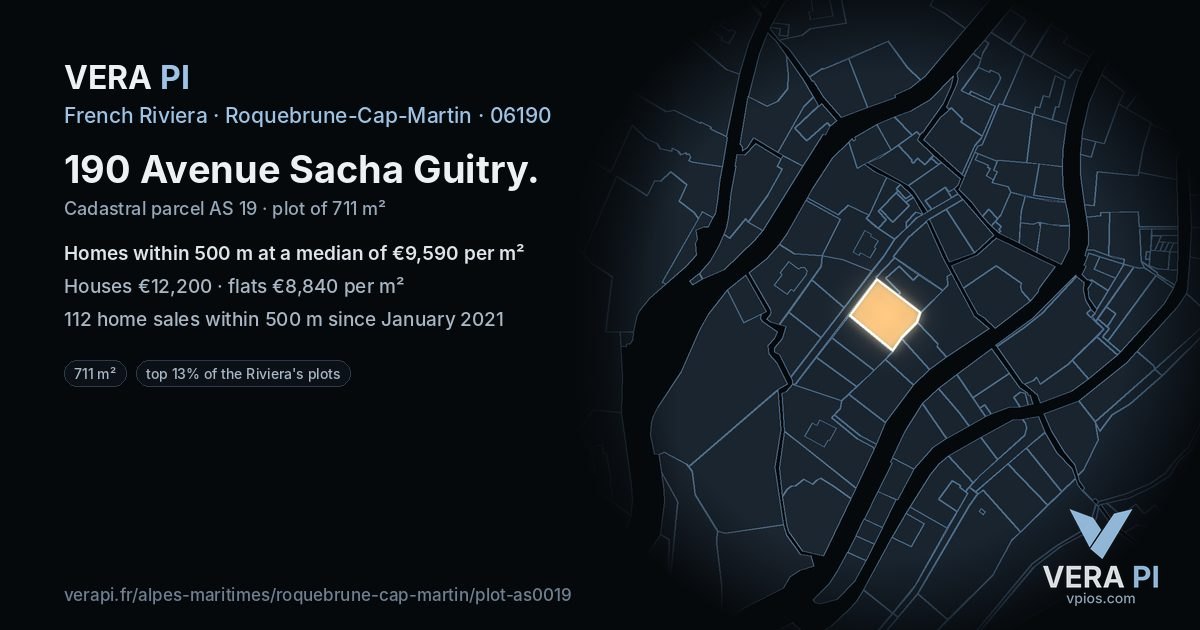 190 Avenue Sacha Guitry, Roquebrune-Cap-Martin at night – the plot lit, the parcels around coloured by the prices near them