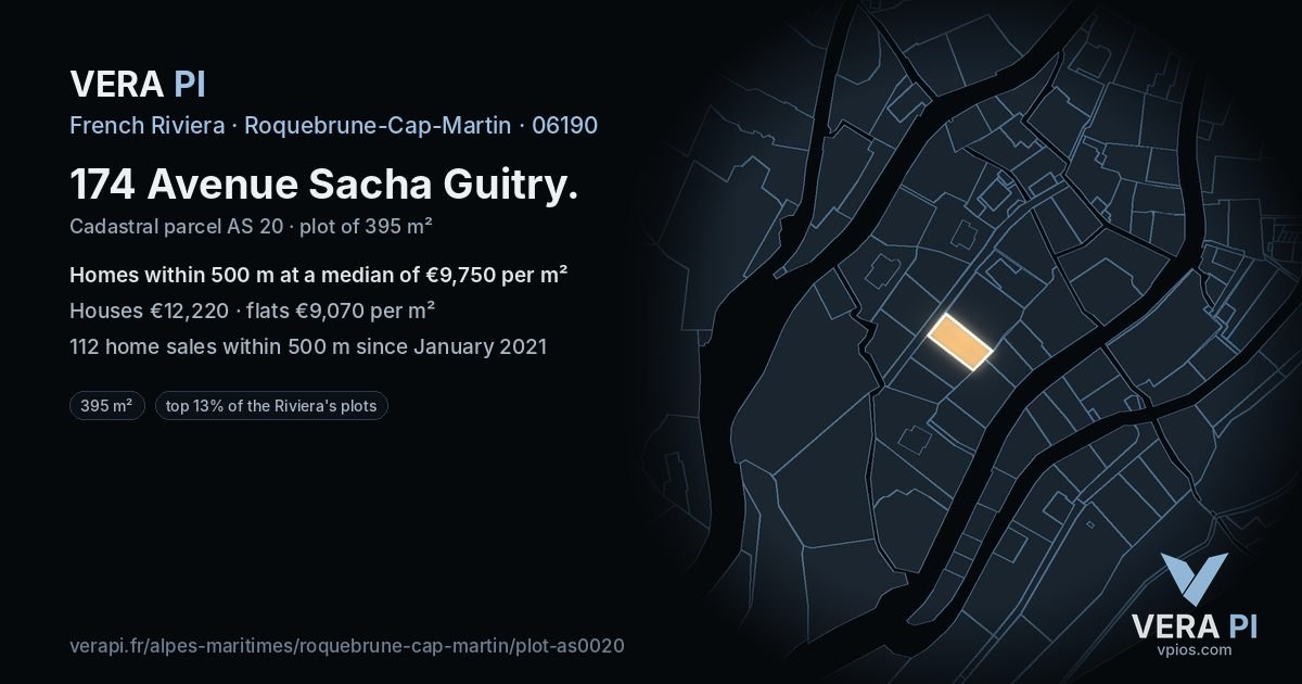 174 Avenue Sacha Guitry, Roquebrune-Cap-Martin at night – the plot lit, the parcels around coloured by the prices near them
