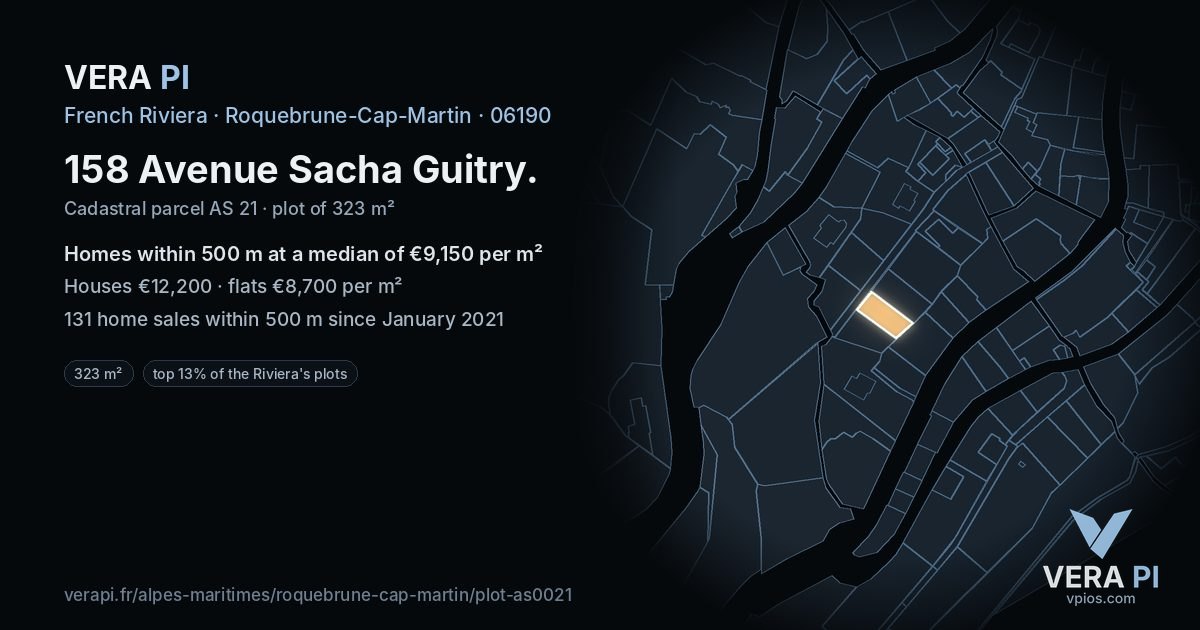 158 Avenue Sacha Guitry, Roquebrune-Cap-Martin at night – the plot lit, the parcels around coloured by the prices near them