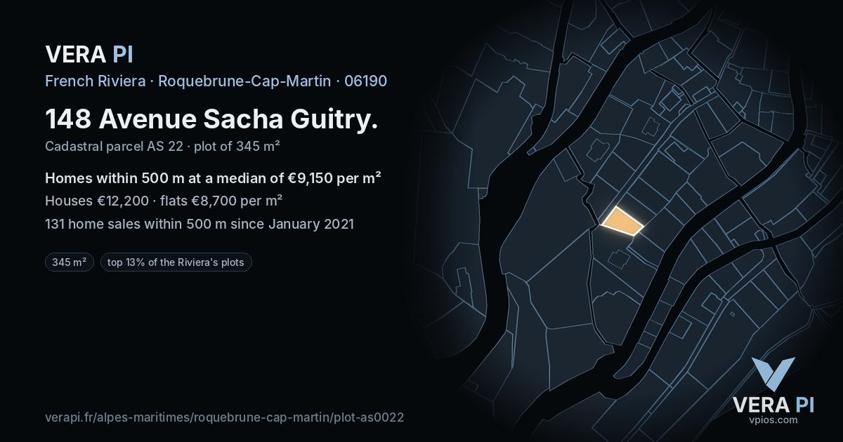 148 Avenue Sacha Guitry, Roquebrune-Cap-Martin at night – the plot lit, the parcels around coloured by the prices near them