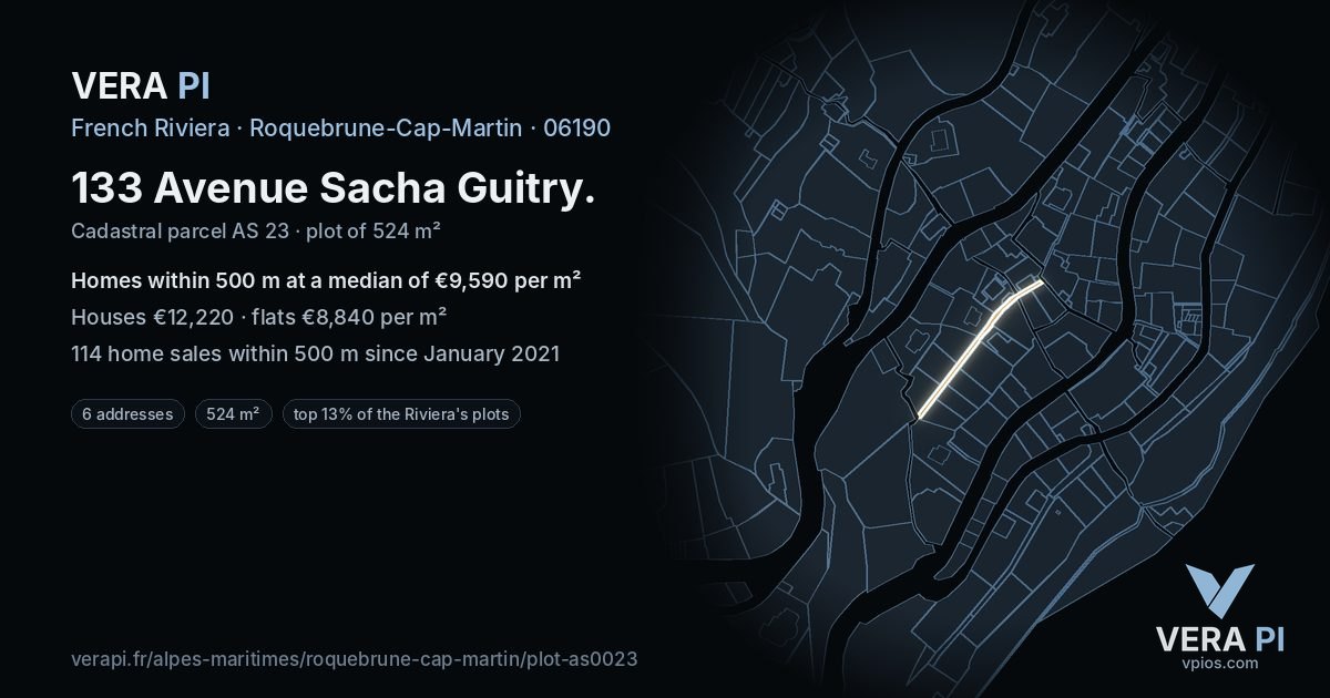 133 Avenue Sacha Guitry, Roquebrune-Cap-Martin at night – the plot lit, the parcels around coloured by the prices near them