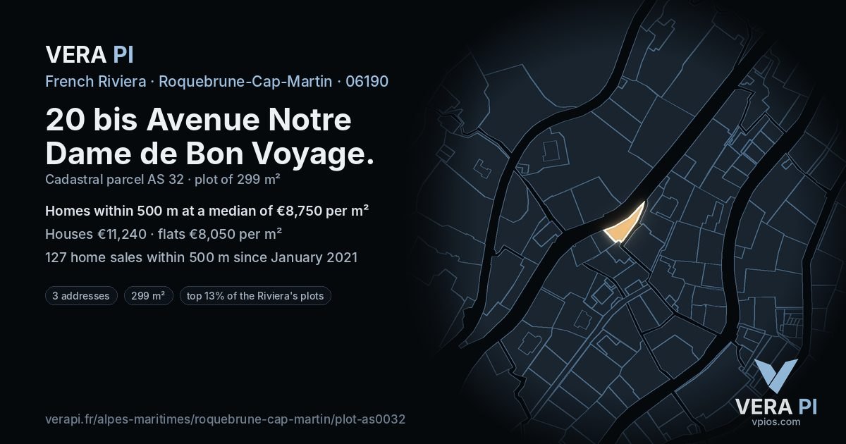 20 bis Avenue Notre Dame de Bon Voyage, Roquebrune-Cap-Martin at night – the plot lit, the parcels around coloured by the prices near them