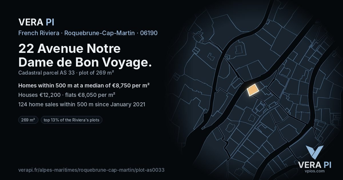22 Avenue Notre Dame de Bon Voyage, Roquebrune-Cap-Martin at night – the plot lit, the parcels around coloured by the prices near them