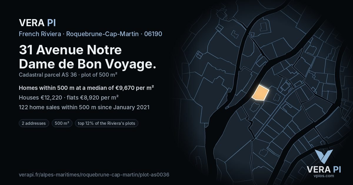 31 Avenue Notre Dame de Bon Voyage, Roquebrune-Cap-Martin at night – the plot lit, the parcels around coloured by the prices near them
