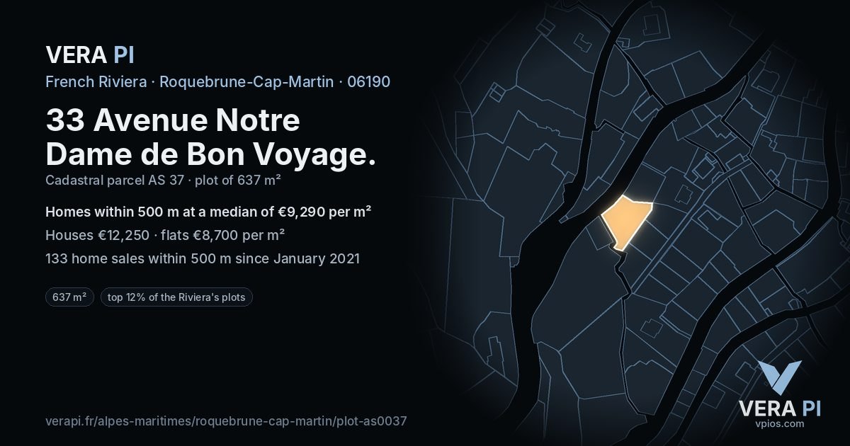 33 Avenue Notre Dame de Bon Voyage, Roquebrune-Cap-Martin at night – the plot lit, the parcels around coloured by the prices near them