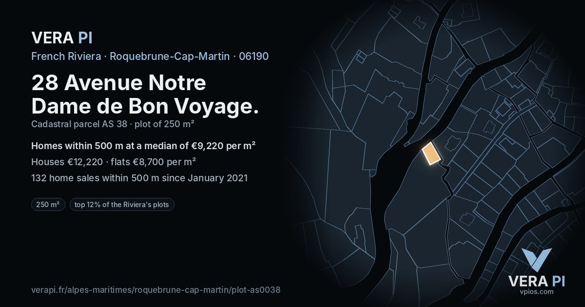 28 Avenue Notre Dame de Bon Voyage, Roquebrune-Cap-Martin at night – the plot lit, the parcels around coloured by the prices near them