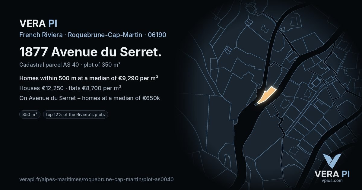 1877 Avenue du Serret, Roquebrune-Cap-Martin at night – the plot lit, the parcels around coloured by the prices near them