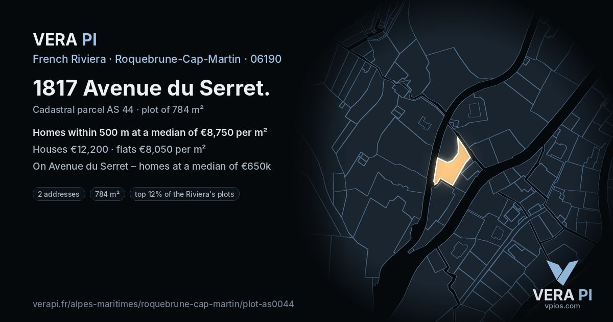 1817 Avenue du Serret, Roquebrune-Cap-Martin at night – the plot lit, the parcels around coloured by the prices near them
