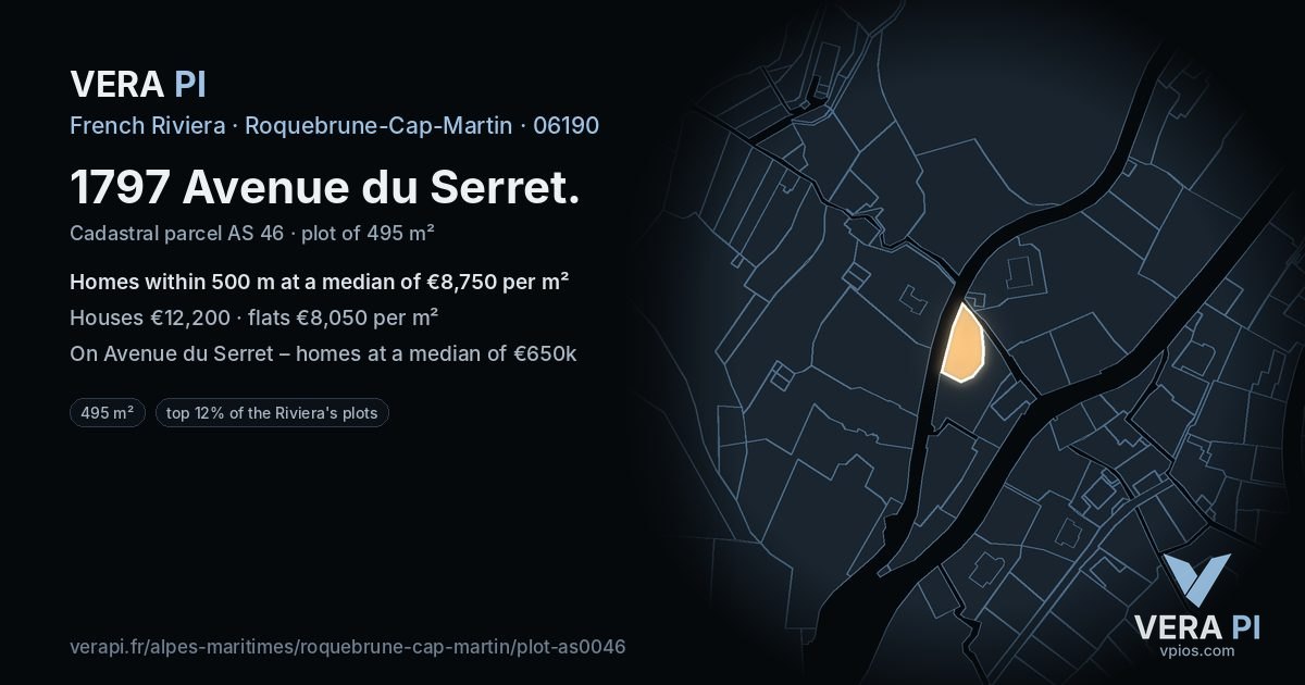 1797 Avenue du Serret, Roquebrune-Cap-Martin at night – the plot lit, the parcels around coloured by the prices near them