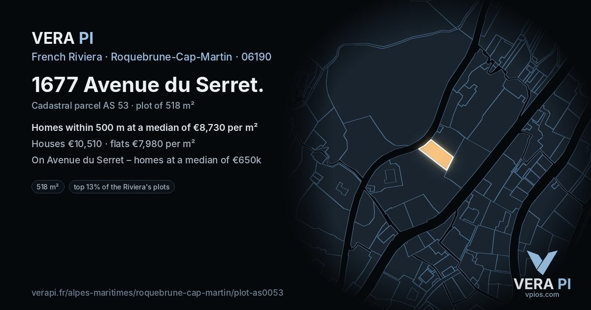 1677 Avenue du Serret, Roquebrune-Cap-Martin at night – the plot lit, the parcels around coloured by the prices near them