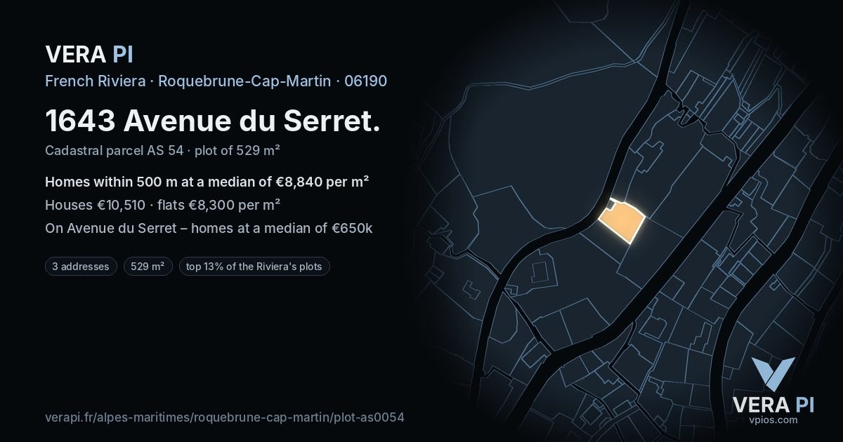 1643 Avenue du Serret, Roquebrune-Cap-Martin at night – the plot lit, the parcels around coloured by the prices near them