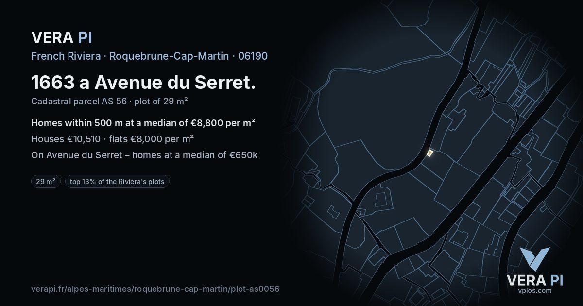 1663 a Avenue du Serret, Roquebrune-Cap-Martin at night – the plot lit, the parcels around coloured by the prices near them