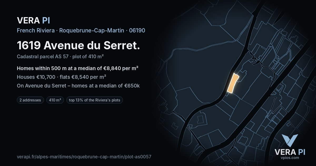 1619 Avenue du Serret, Roquebrune-Cap-Martin at night – the plot lit, the parcels around coloured by the prices near them