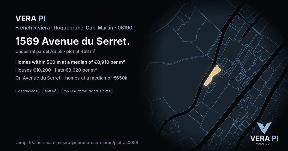 1569 Avenue du Serret, Roquebrune-Cap-Martin at night – the plot lit, the parcels around coloured by the prices near them