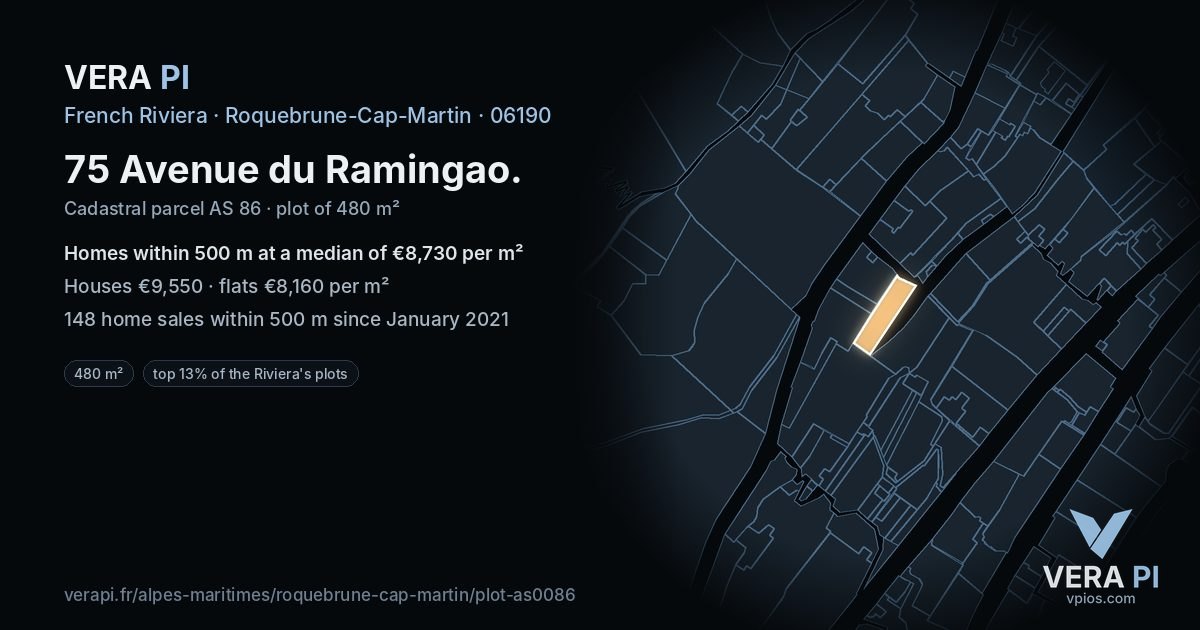 75 Avenue du Ramingao, Roquebrune-Cap-Martin at night – the plot lit, the parcels around coloured by the prices near them
