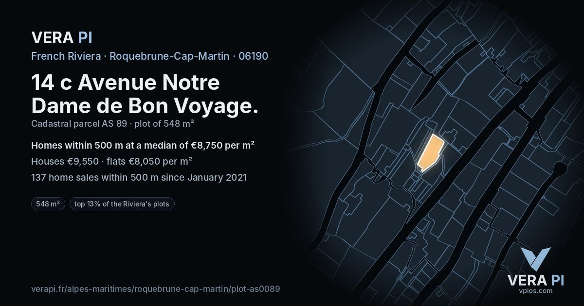 14 c Avenue Notre Dame de Bon Voyage, Roquebrune-Cap-Martin at night – the plot lit, the parcels around coloured by the prices near them