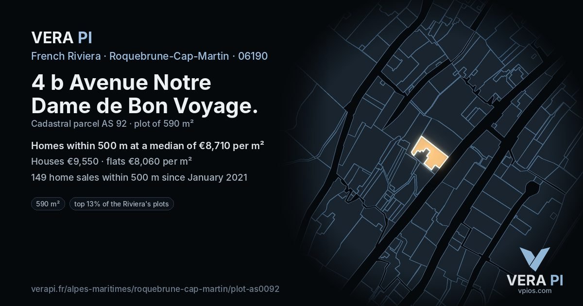 4 b Avenue Notre Dame de Bon Voyage, Roquebrune-Cap-Martin at night – the plot lit, the parcels around coloured by the prices near them
