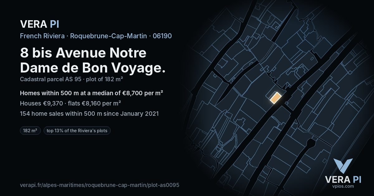 8 bis Avenue Notre Dame de Bon Voyage, Roquebrune-Cap-Martin at night – the plot lit, the parcels around coloured by the prices near them