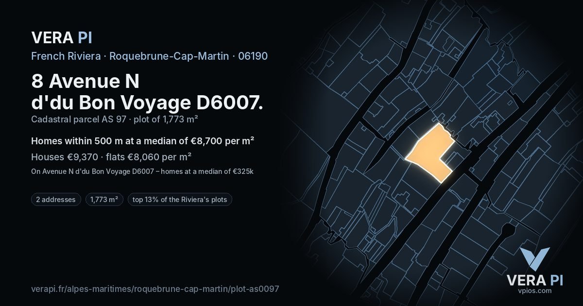 8 Avenue N d'du Bon Voyage D6007, Roquebrune-Cap-Martin at night – the plot lit, the parcels around coloured by the prices near them