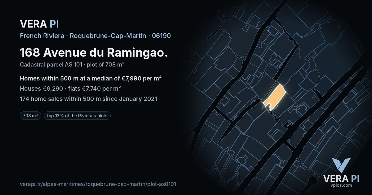168 Avenue du Ramingao, Roquebrune-Cap-Martin at night – the plot lit, the parcels around coloured by the prices near them