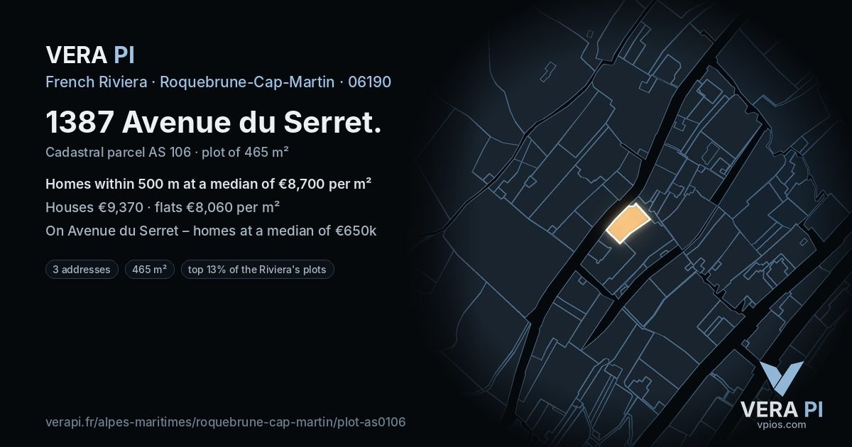 1387 Avenue du Serret, Roquebrune-Cap-Martin at night – the plot lit, the parcels around coloured by the prices near them