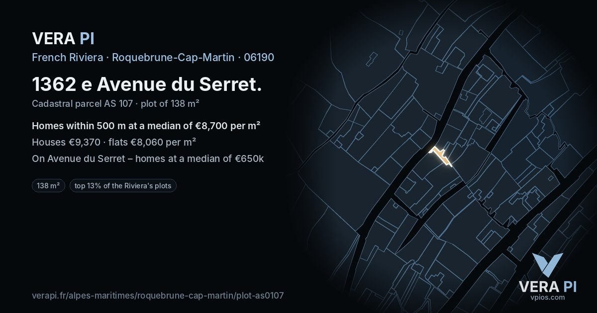 1362 e Avenue du Serret, Roquebrune-Cap-Martin at night – the plot lit, the parcels around coloured by the prices near them