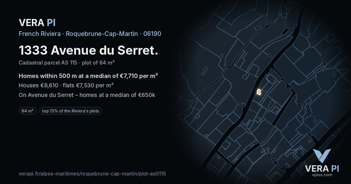 1333 Avenue du Serret, Roquebrune-Cap-Martin at night – the plot lit, the parcels around coloured by the prices near them