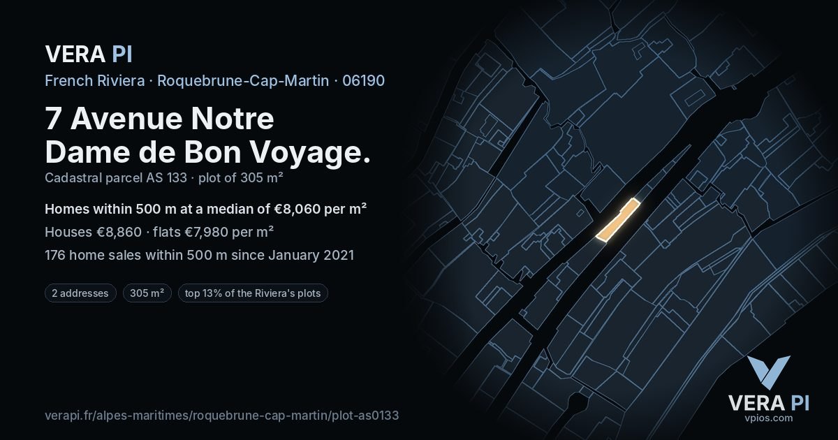 7 Avenue Notre Dame de Bon Voyage, Roquebrune-Cap-Martin at night – the plot lit, the parcels around coloured by the prices near them