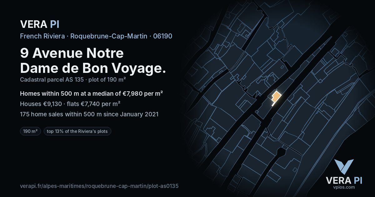 9 Avenue Notre Dame de Bon Voyage, Roquebrune-Cap-Martin at night – the plot lit, the parcels around coloured by the prices near them