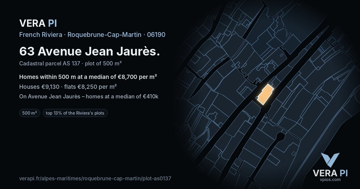 63 Avenue Jean Jaurès, Roquebrune-Cap-Martin at night – the plot lit, the parcels around coloured by the prices near them