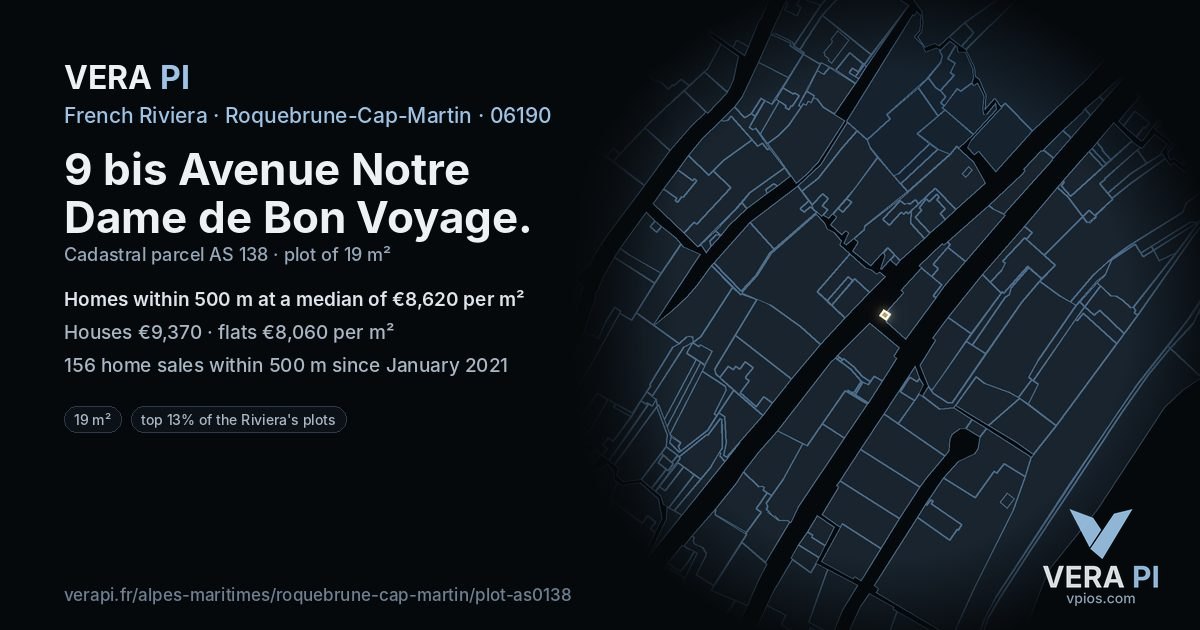 9 bis Avenue Notre Dame de Bon Voyage, Roquebrune-Cap-Martin at night – the plot lit, the parcels around coloured by the prices near them