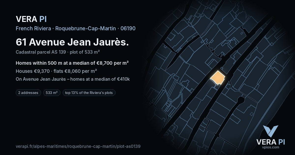 61 Avenue Jean Jaurès, Roquebrune-Cap-Martin at night – the plot lit, the parcels around coloured by the prices near them