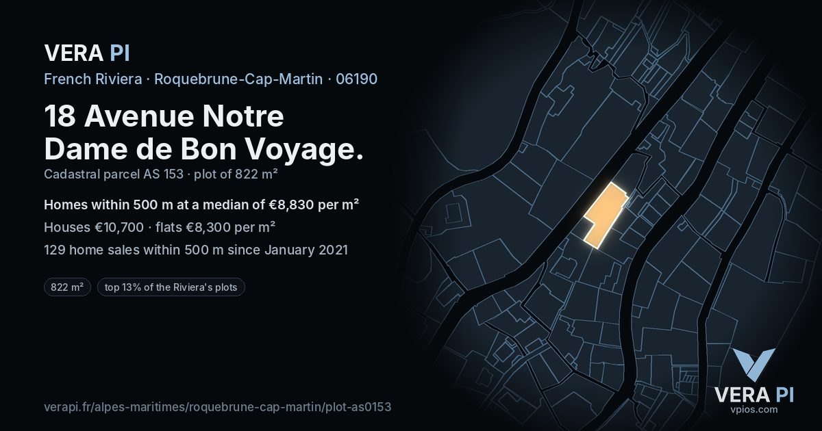 18 Avenue Notre Dame de Bon Voyage, Roquebrune-Cap-Martin at night – the plot lit, the parcels around coloured by the prices near them