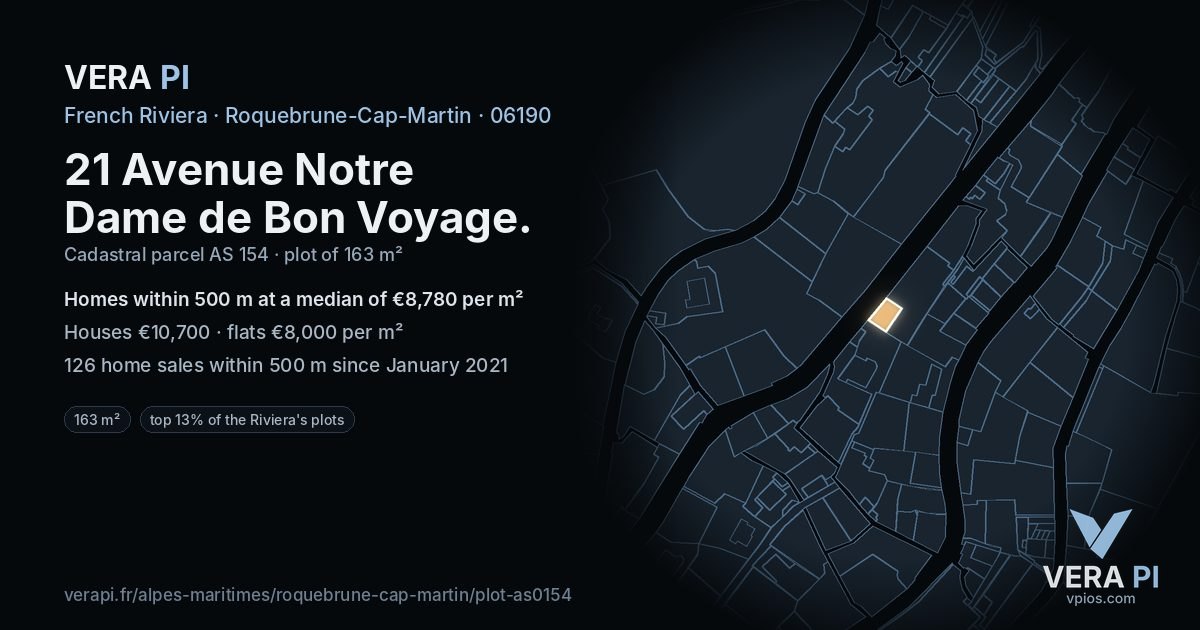 21 Avenue Notre Dame de Bon Voyage, Roquebrune-Cap-Martin at night – the plot lit, the parcels around coloured by the prices near them
